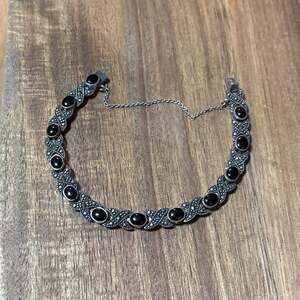 Sterling Silver Black Onyx Oval and Marcasite XOXO Link Bracelet